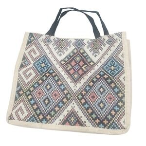 Woven Tote‎ Bag Ethnic Geometric Pattern Shopping Bag with Zipper Pocket